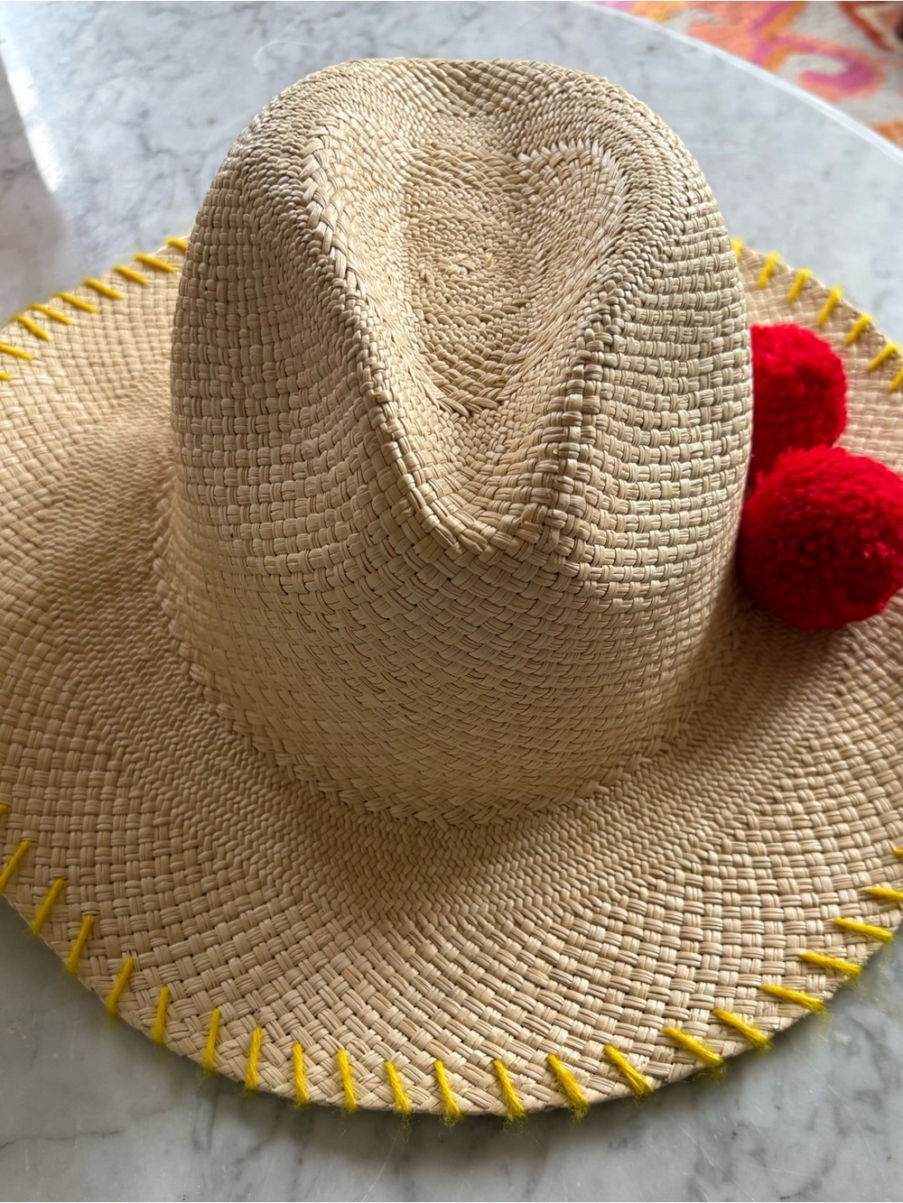 Sensi Studio Straw with Yellow Trim and Red Pom-Pom